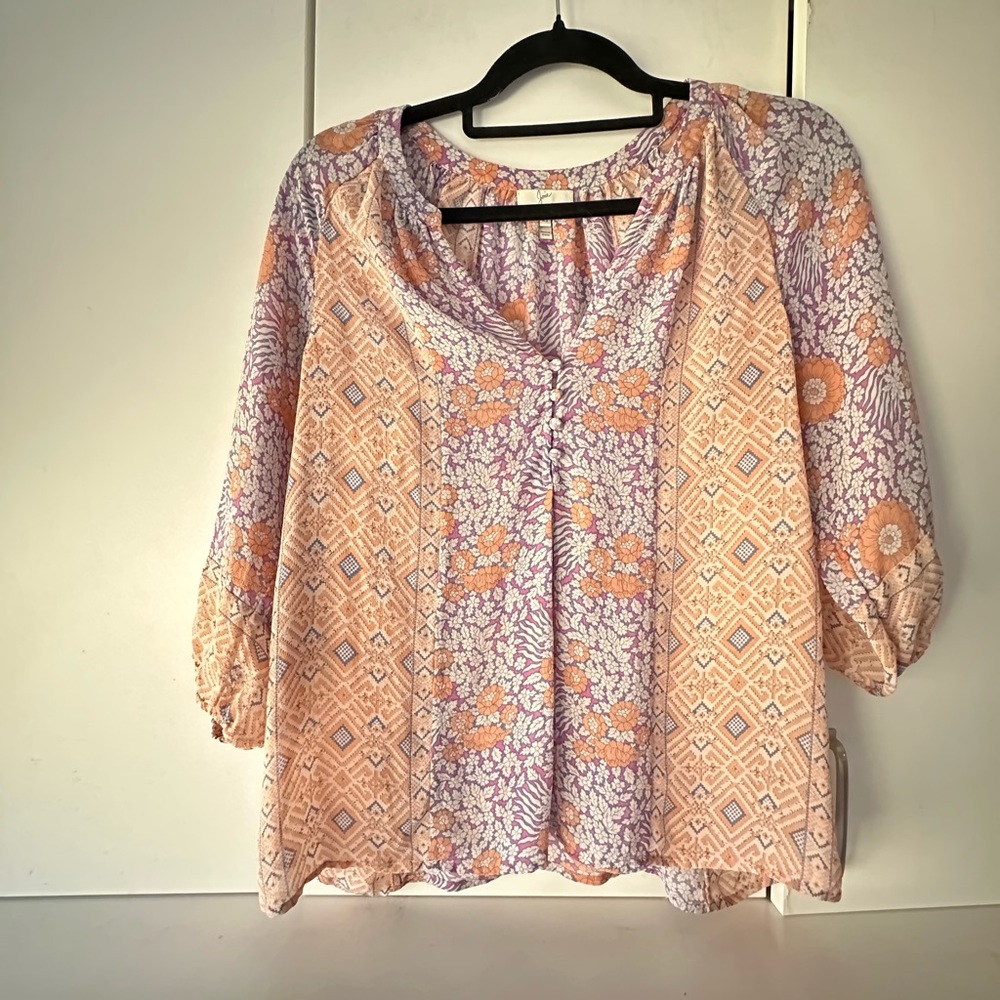 🌸 Joie Boho Floral Peasant Blouse – Sheer Patchwork Print – Size XS